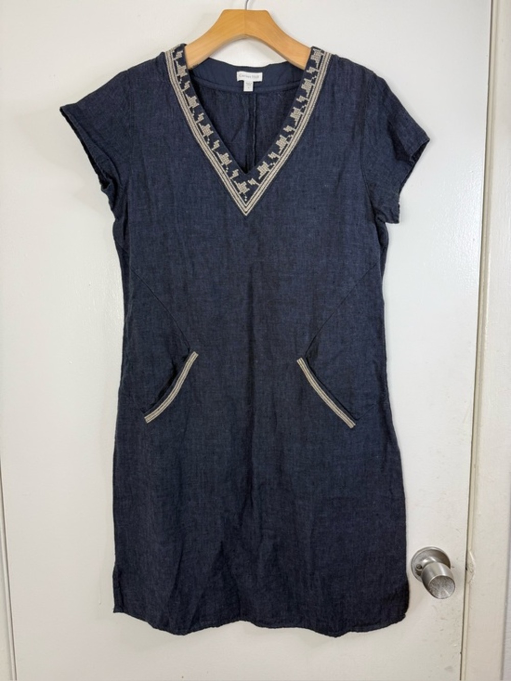 Garnet Hill, navy blue linen, V-neck, two pocket mini dress with trim detail. 4